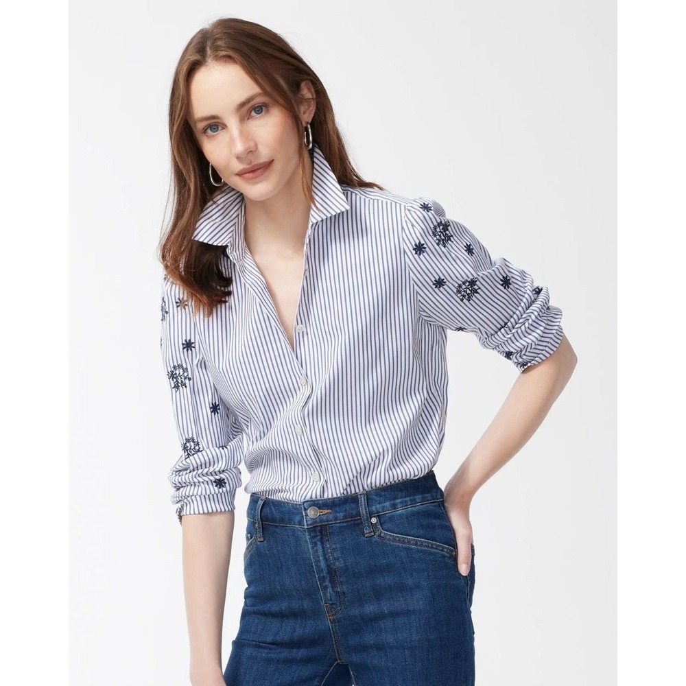 Chicos Poplin Embellished Sleeve‎ Shirt Size 1 (Medium) Blue Striped Button Down